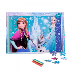 Puzzle 160 de piese Frozen + bonus: 3 foi de colorat + 4 creioane colorate